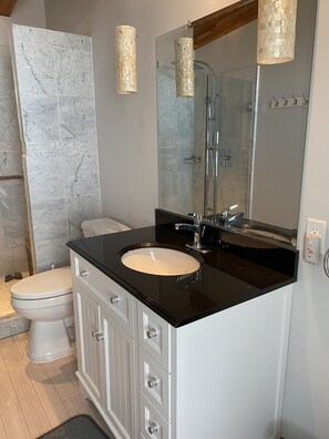 A bathroom with a white vanity, black countertop, and a large mirror.