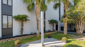 Un bâtiment moderne avec un chemin en béton, des palmiers et un petit espace jardin.