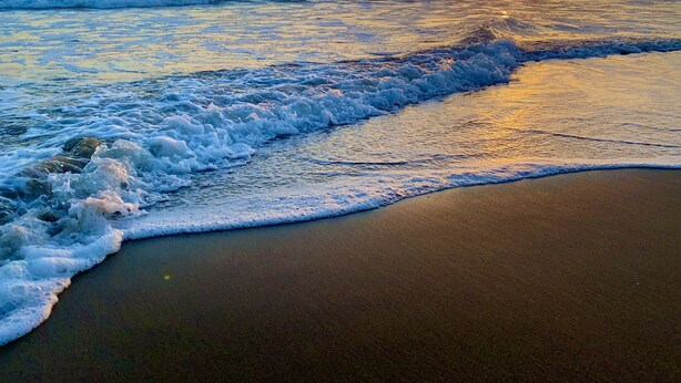 A beach with waves approaching the shore and a sunset in the background. - Remote Oceanfront Retreat Between Santa Cruz & Monterey (Watsonville)