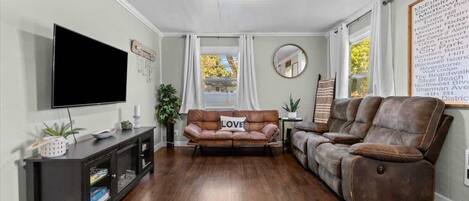 Smart TV, caminetto, libri