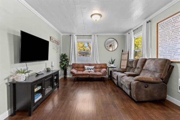 Smart TV, fireplace, books