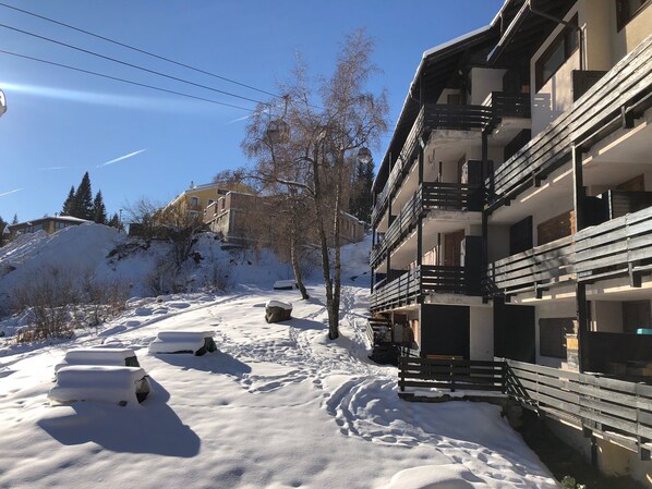 Un sentier enneigé mène à un bâtiment doté de balcons, entouré d’arbres et avec une colline en arrière-plan.