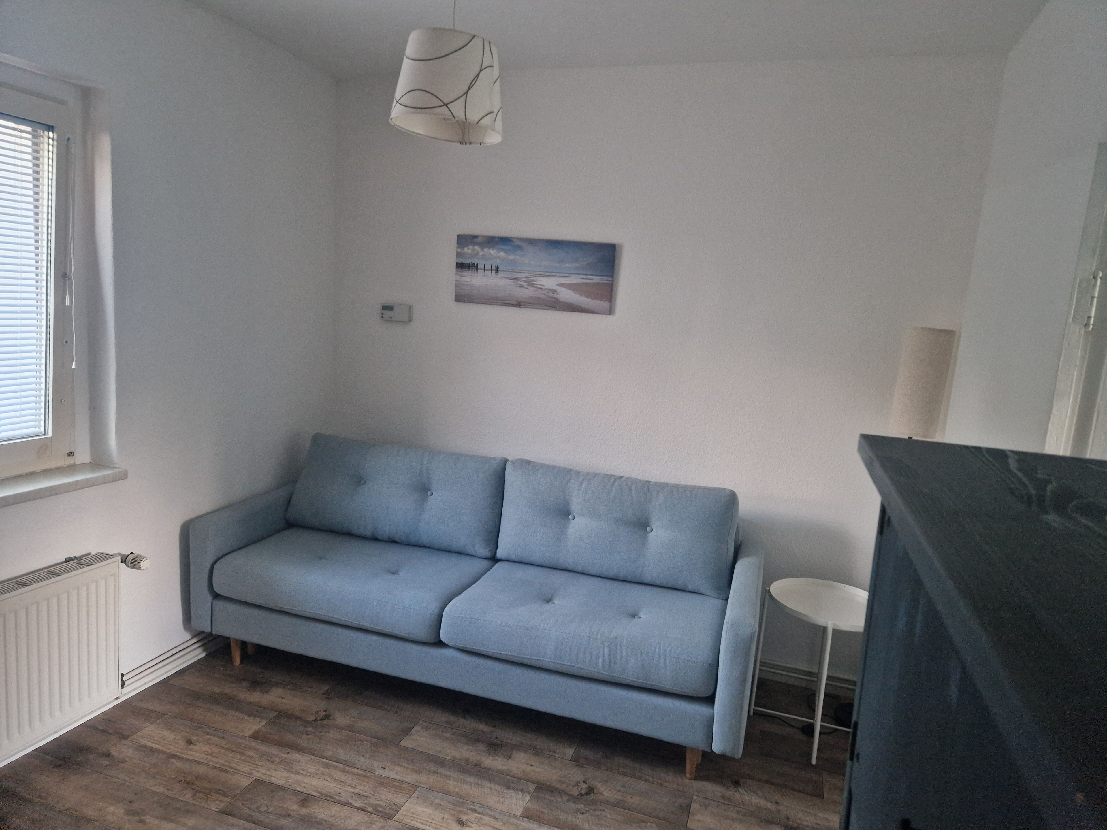 A room with a light blue sofa, a small round table, a radiator, a window with blinds, and a wall-mounted picture.
