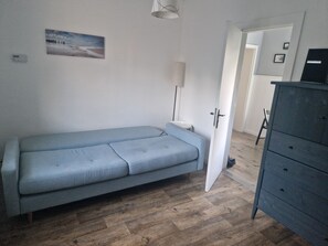 A room with a light blue sofa, a wooden floor, a white door, and a dark-colored dresser.