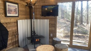 A cozy cabin interior with a fireplace, wooden walls, a television, and a large window overlooking a forest.