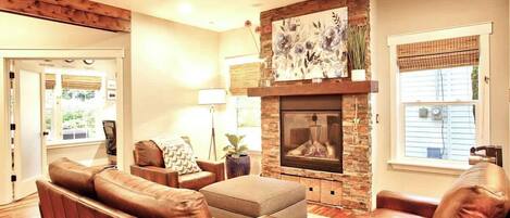 Smart TV, fireplace, books, music library