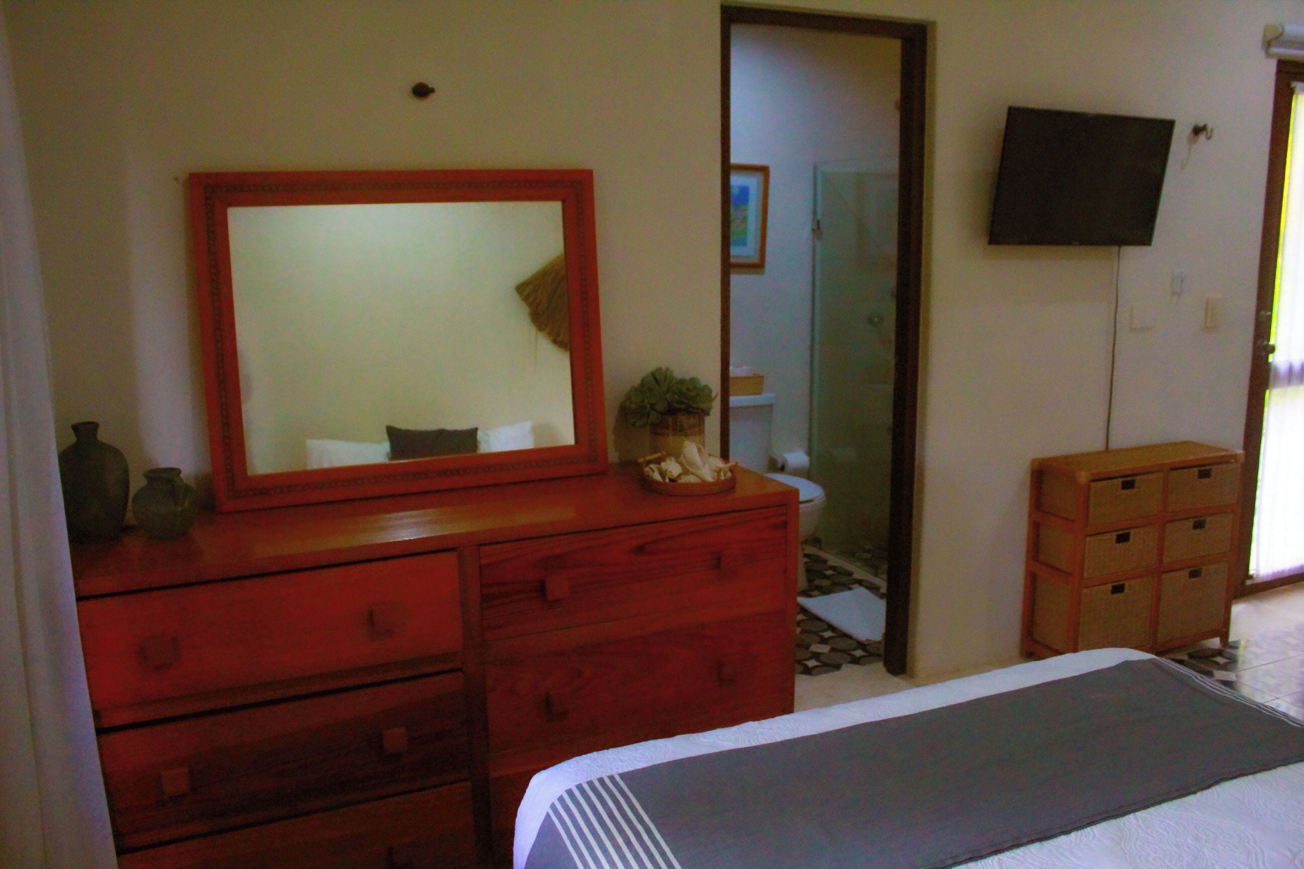 Una camera da letto con un letto, una cassettiera con cassetti, uno specchio, una televisione appesa al muro e una piccola pianta sulla cassettiera.