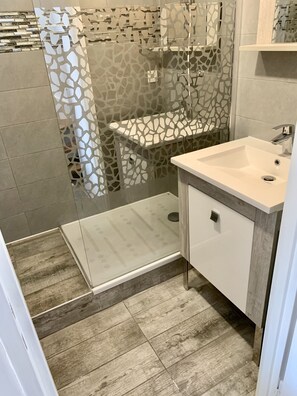 Douche, sèche-cheveux, serviettes fournies, papier toilette