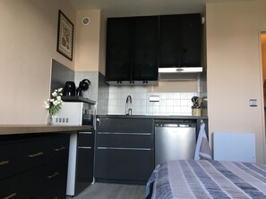 Fridge, microwave, stovetop, coffee/tea maker