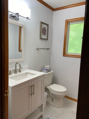 Combined shower/tub, hair dryer, toilet paper - Turtle Walk on Trolley Ride 1 mile to Bethany Beach 4BR 3BA 8G Back to Tree lot (Bethany Beach)