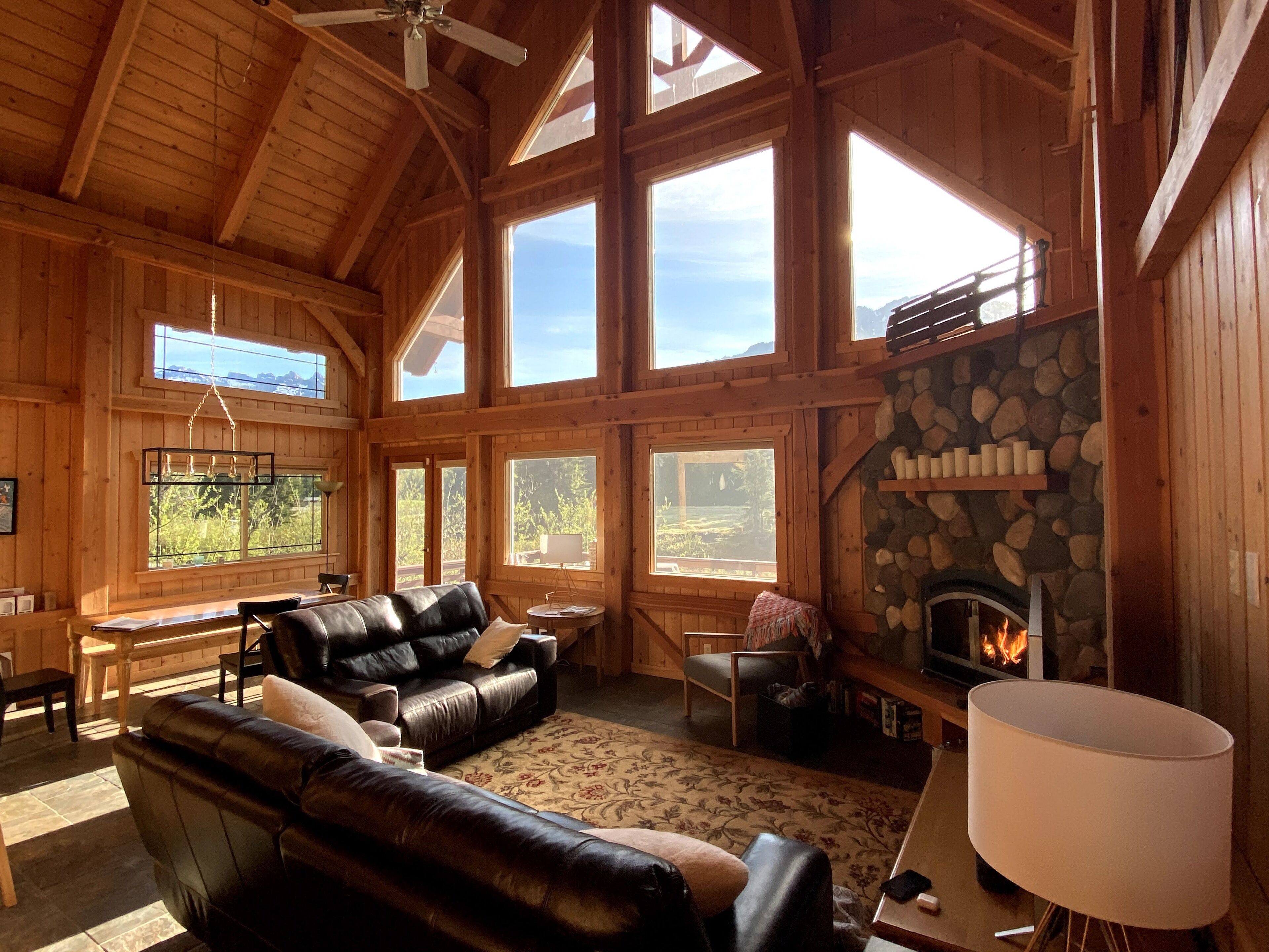 TV connectée, cheminée, livres, écrans d'ordinateur