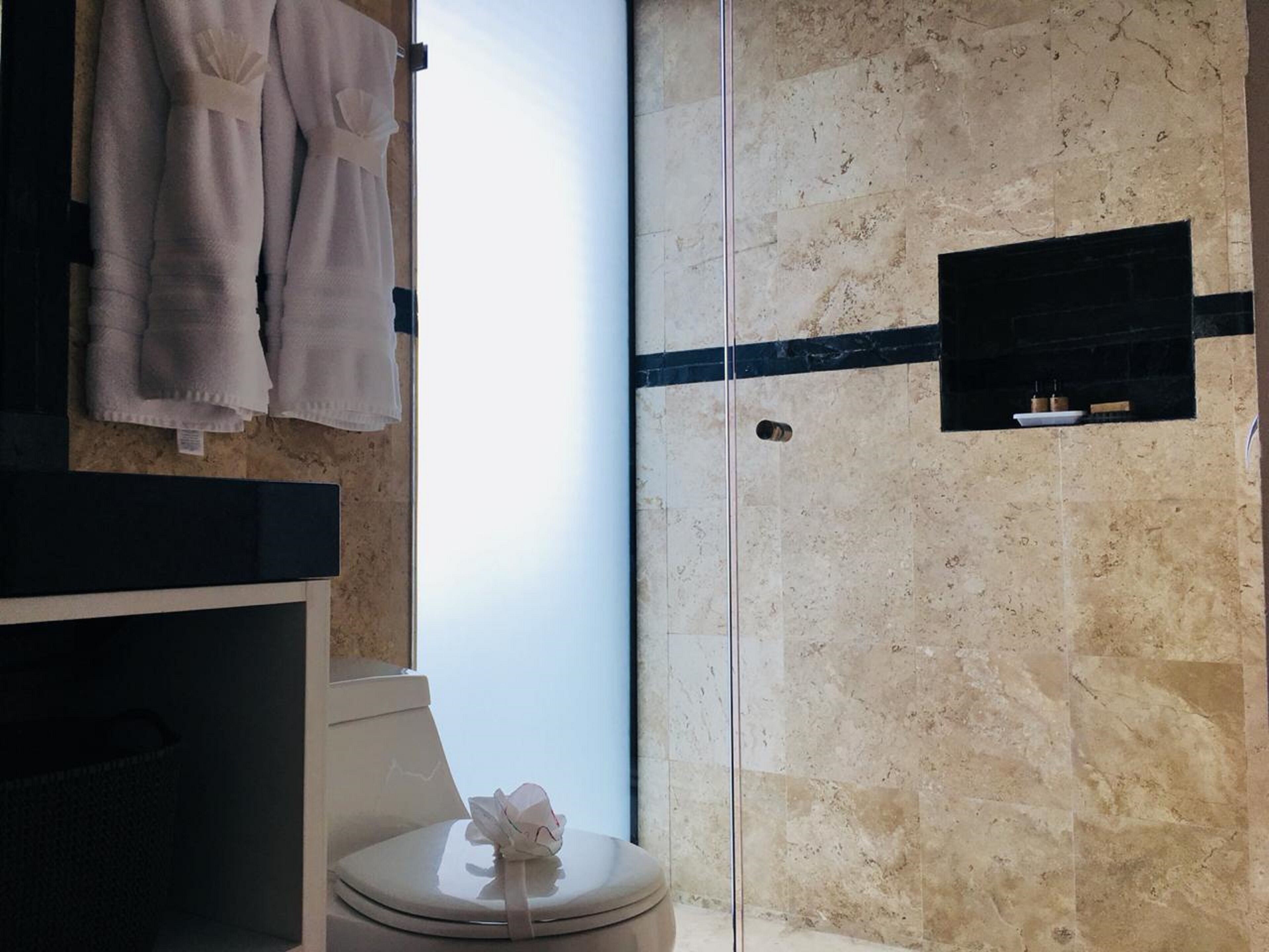 Une salle de bain avec une douche à parois de verre, des toilettes et un porte-serviettes avec des serviettes.
