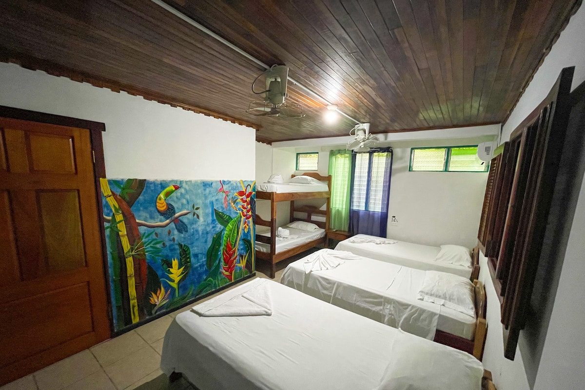 A room with bunk beds, a ceiling fan, and a mural on the wall.
