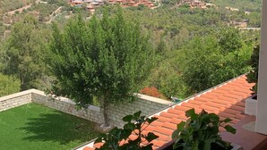 A balcony with a view of a coastal town, green lawn, and a clear sky. - Eden Rock sea View  (Eden Rock)