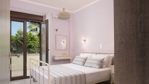 A bedroom with a bed, a bedside table, a nightstand, a window with a view of greenery, and a door leading to a balcony. - Mela Villa Lemon with Private Pool, Eco Friendly (ΡΕΘΥΜΝΟ)