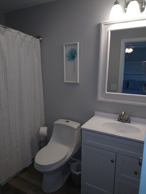 A bathroom with a toilet, sink, and mirror. - Clean, Beachy, Amazing Waterview
Near Folly Beach & Downtown Charleston (Charleston)