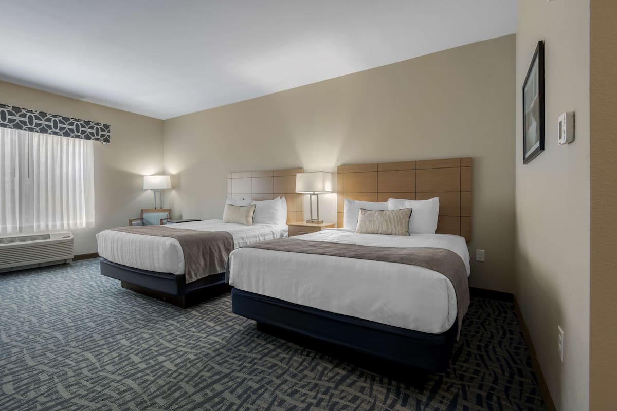 Een hotelkamer met twee bedden, een groot raam met gordijnen, een wandairconditioner en een kamerbreed tapijt met een patroon.