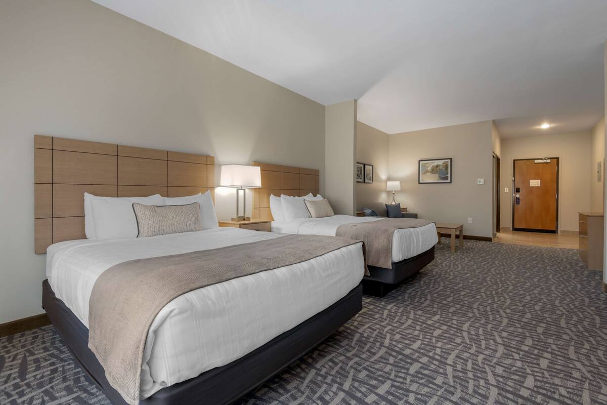 Een hotelkamer met twee bedden, een klein bureau, een stoel en een deur.