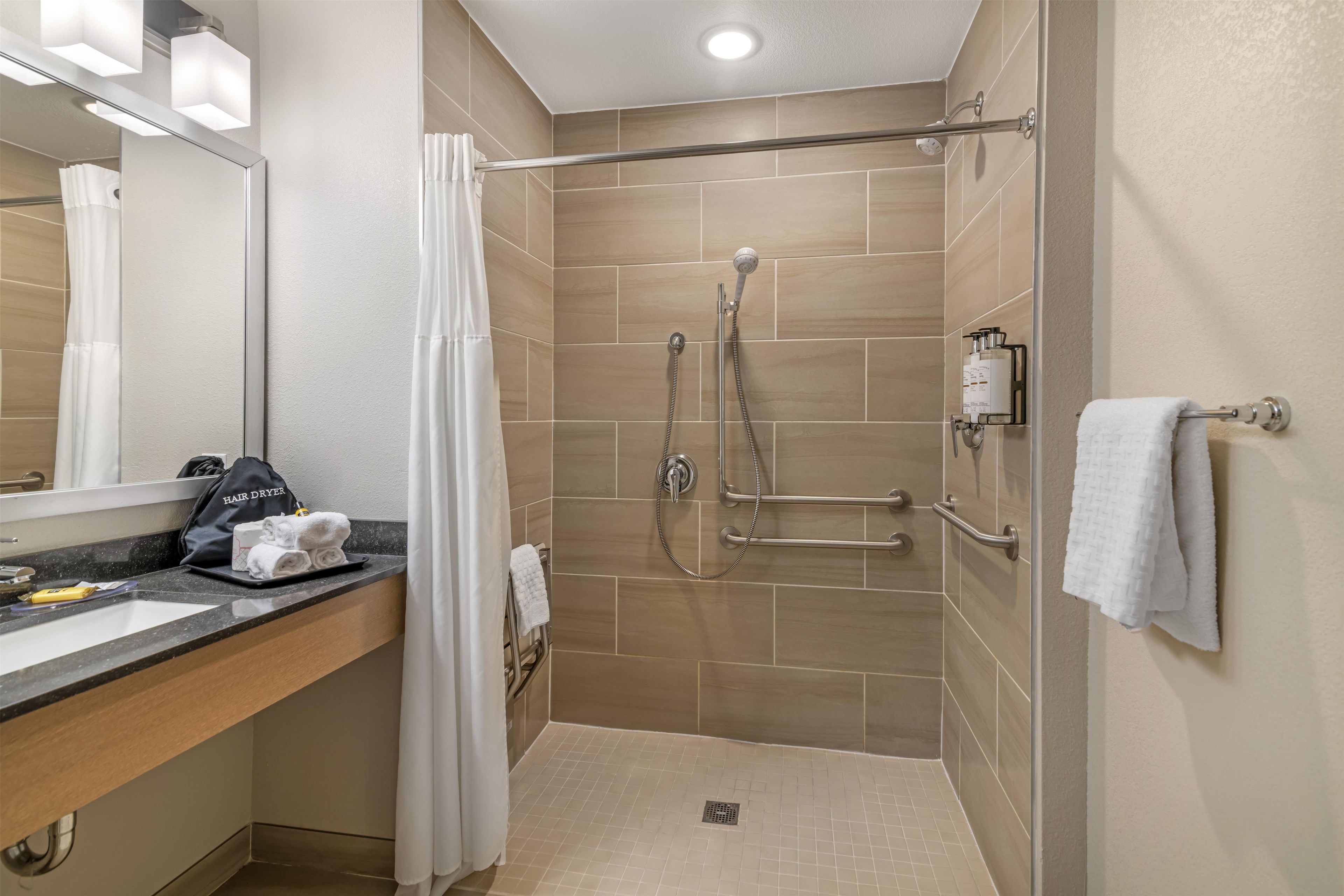 A modern bathroom with a shower, a sink, and a mirror.
