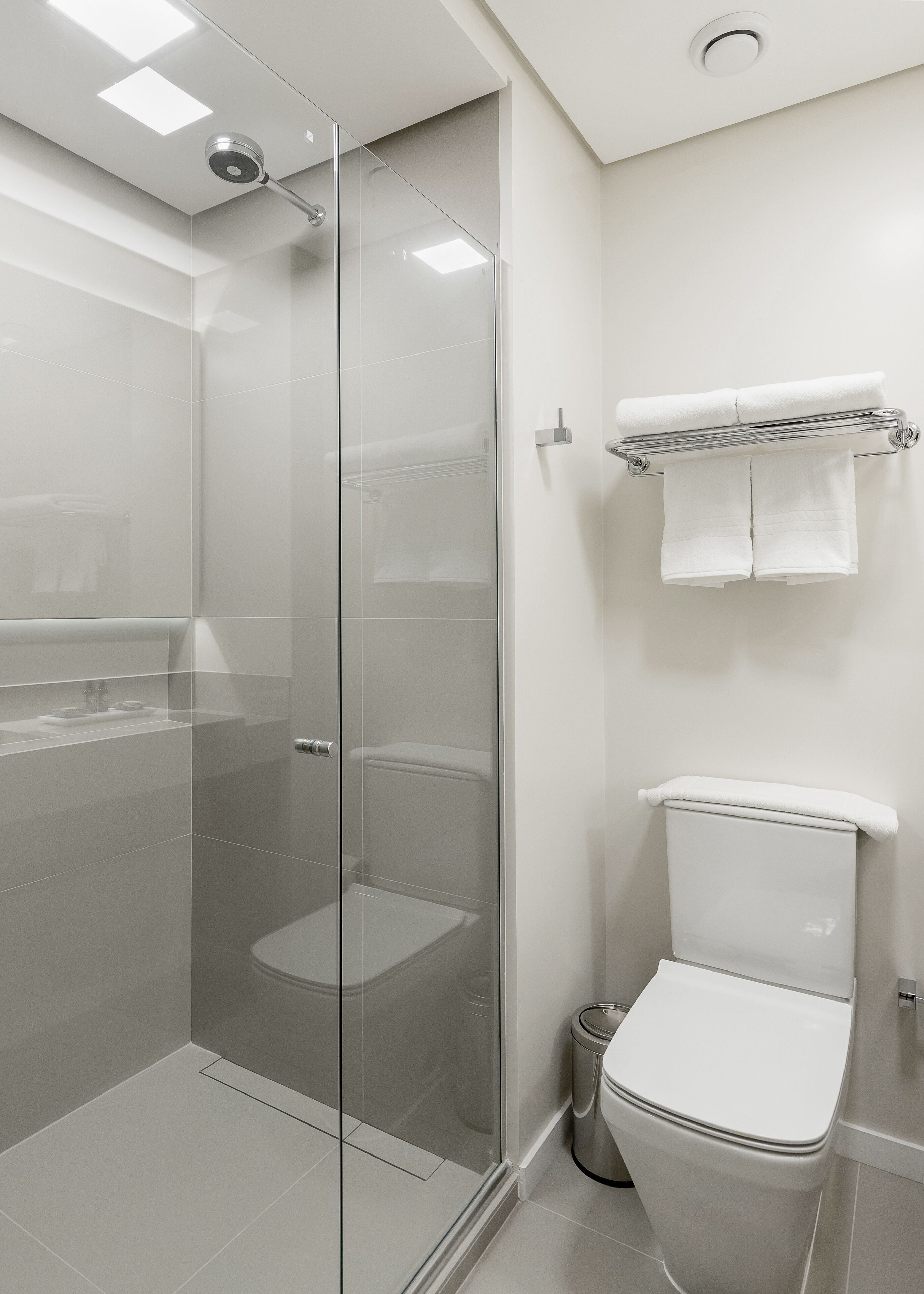A modern bathroom with a glass shower enclosure, a toilet, and a towel rack.