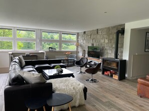 Smart TV, fireplace, table football, books