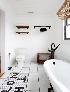 Hair dryer, towels, soap, toilet paper
