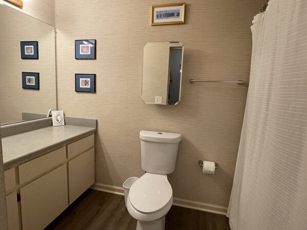 A bathroom with a toilet, sink, mirror, and framed pictures on the wall.