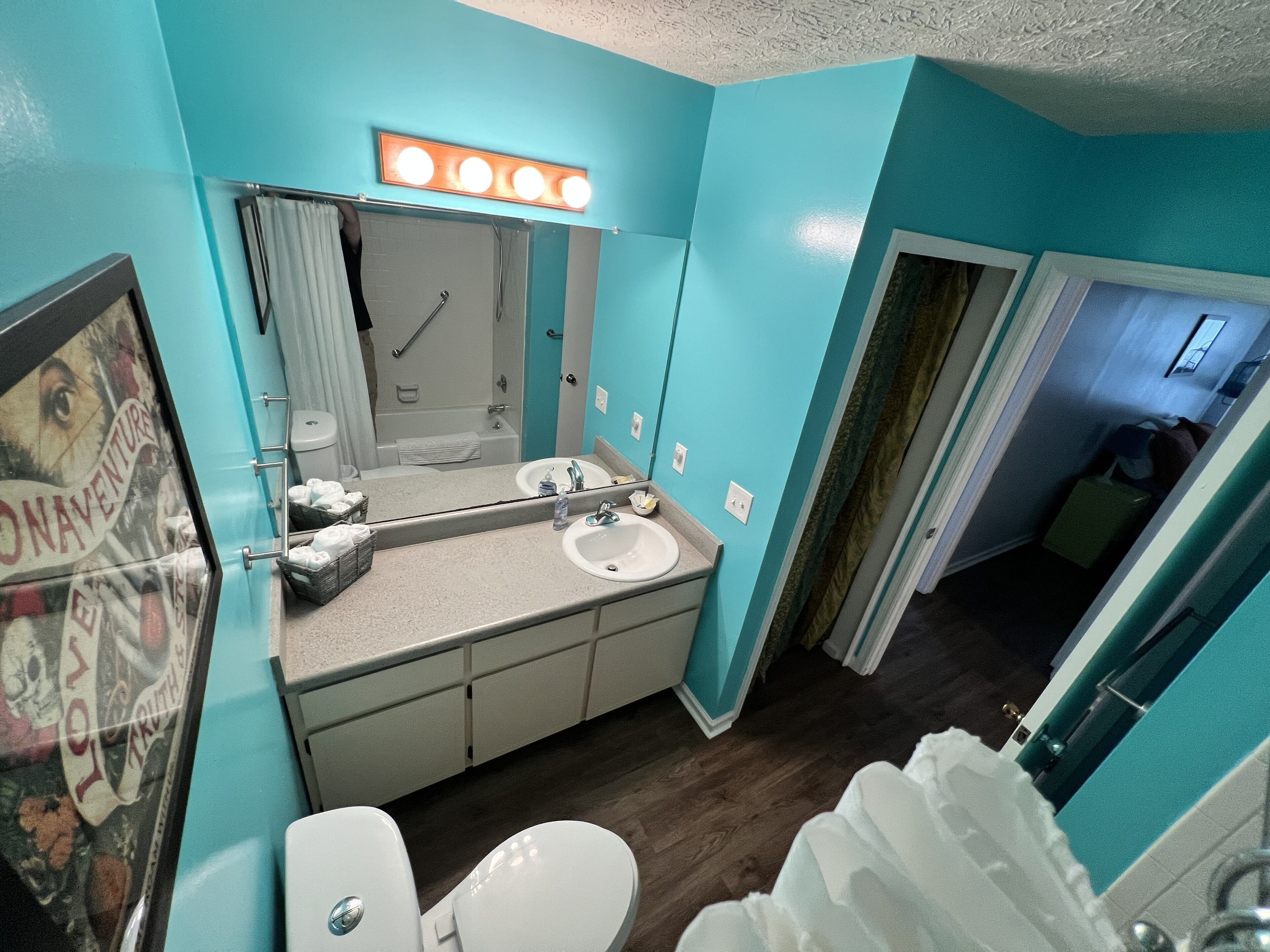 Combined shower/tub, hair dryer, towels, soap