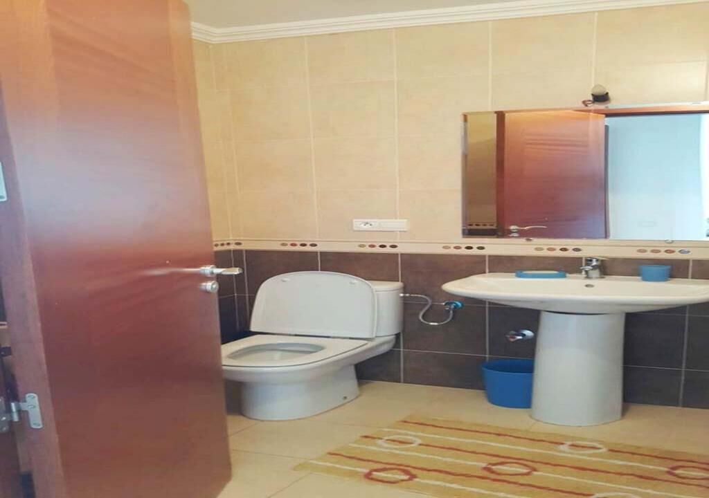 A bathroom with a toilet, sink, and mirror.