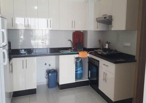 Fridge, oven, stovetop, cookware/dishes/utensils