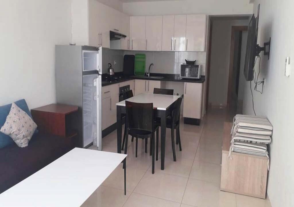 Un espacio habitable compacto con kitchenette, comedor y zona de estar.