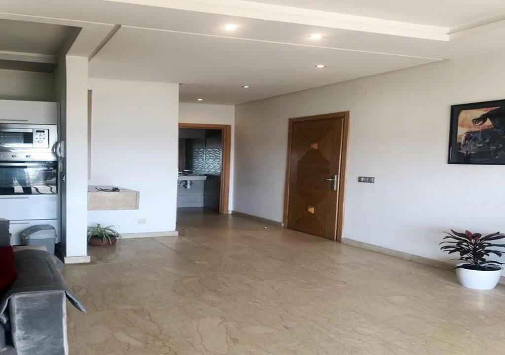 A spacious living area with a kitchen in the background, a wooden door, and a potted plant.