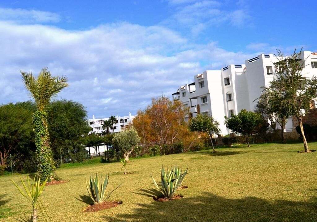 A grassy area with a few small plants and trees, a white building with multiple floors in the background.