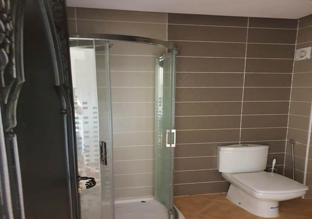 Une salle de bain avec une douche à parois de verre, des toilettes et des murs carrelés.