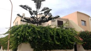 Un edificio con techo plano, antena parabólica y pared cubierta de hiedra verde.