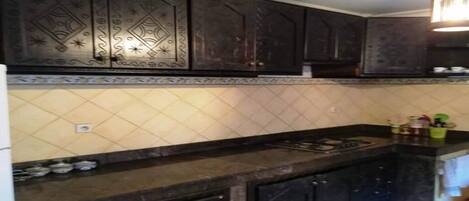 Fridge, stovetop, cookware/dishes/utensils