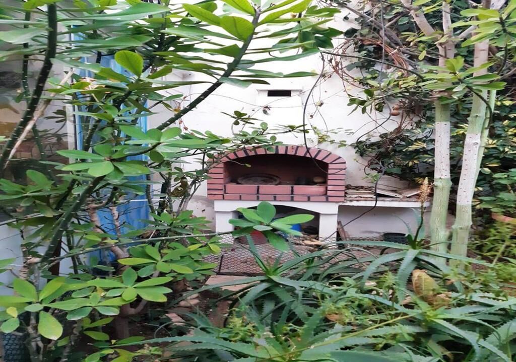 A brick-built outdoor oven structure surrounded by dense foliage.