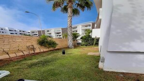 Zona residencial amb gespa, una palmera i un mur de maó.