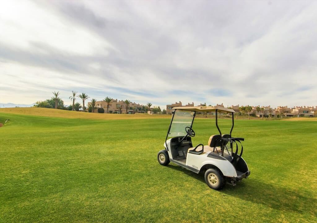 A golf cart on a well-maintained green field with a clear sky and distant buildings.