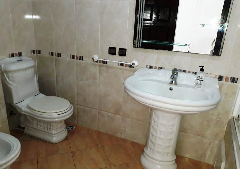 Un baño con inodoro, lavamanos y espejo.