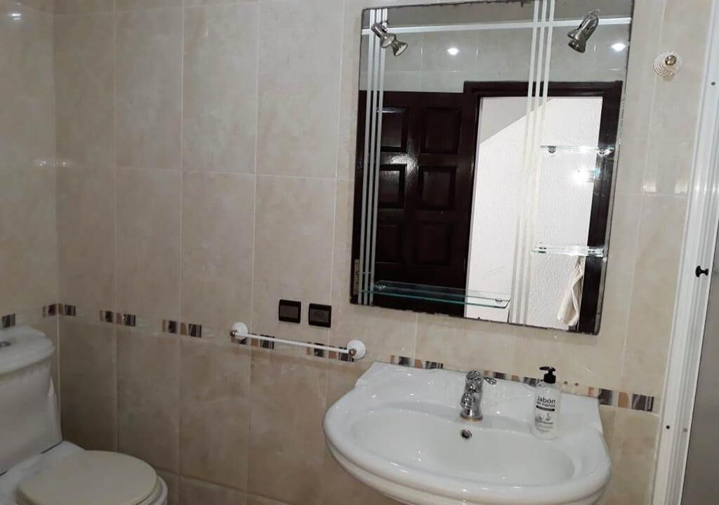 A bathroom with a toilet, sink, and mirror.