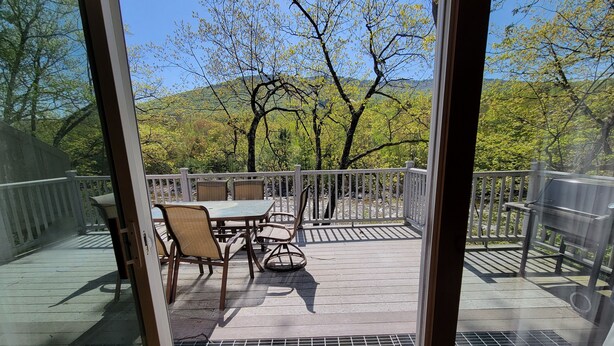 Une terrasse avec une table et des chaises, un barbecue et une vue sur les arbres et les collines.