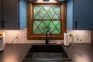 Een keuken met een zwarte spoelbak, een raam met ruitverdeling en een aanrecht met een papieren handdoekhouder en een plant.