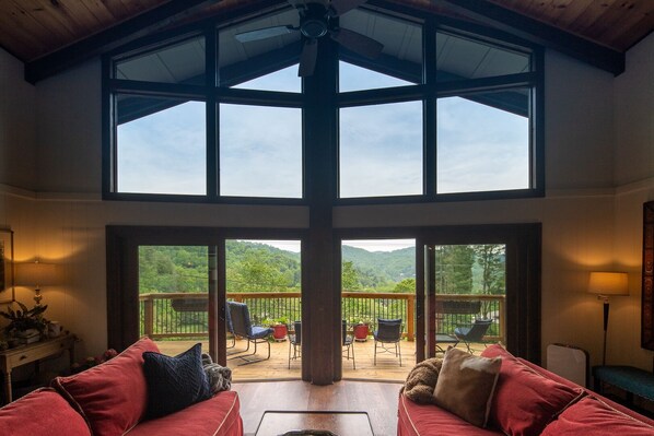 Smart TV, fireplace, books, stereo