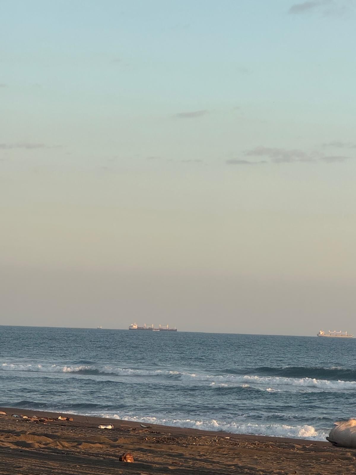 A beach with waves, a sandy shore, and distant ships on the horizon.