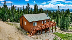 Une cabane en bois avec un toit vert, une véranda et un escalier menant à l’entrée.