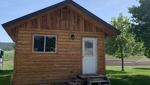 Una pequeña cabaña de madera con techo inclinado, una puerta y una ventana.