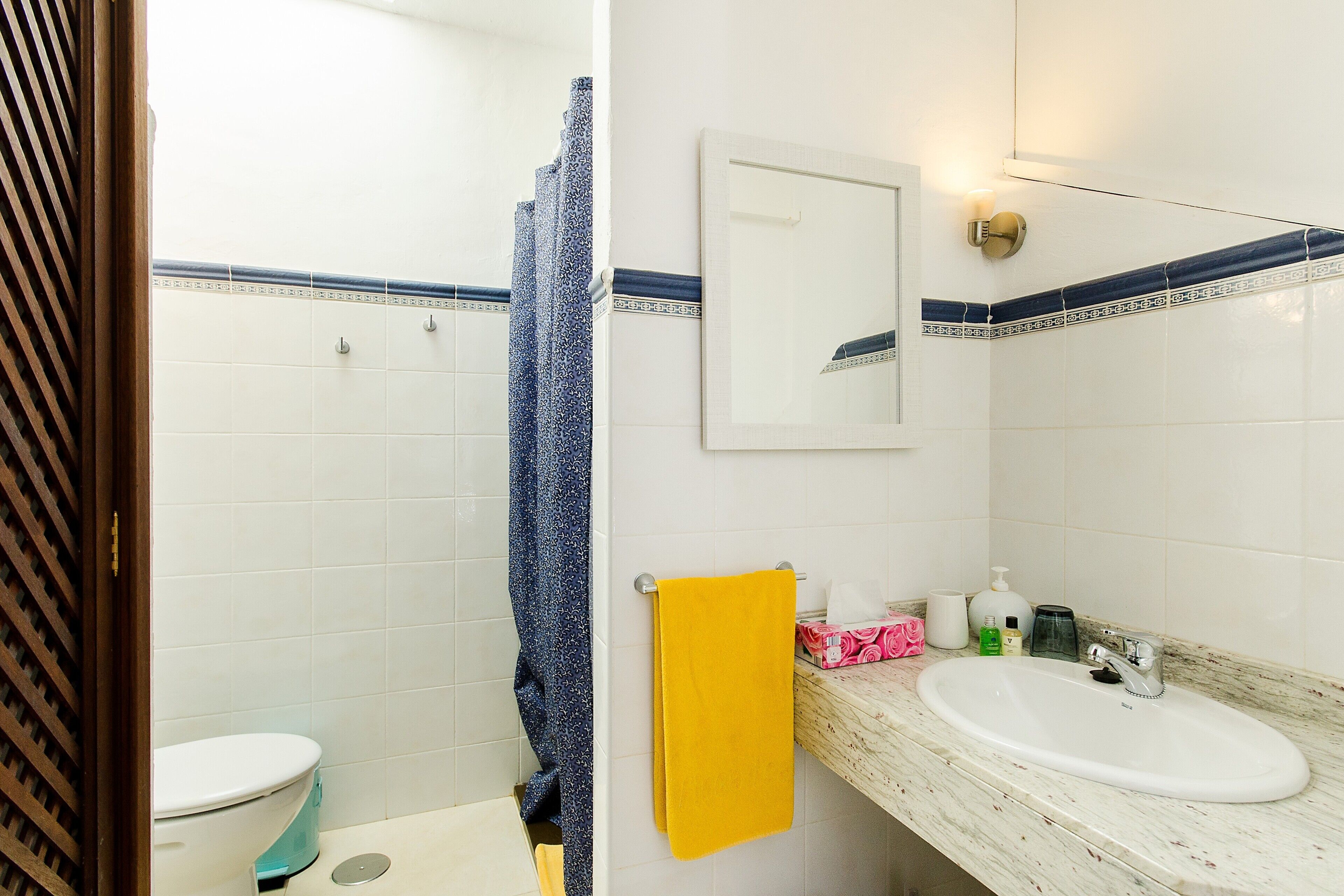 A bathroom with a toilet, a sink, a mirror, and a shower curtain.