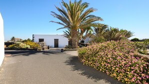 A paved pathway leading to a building with a white facade, surrounded by lush greenery and flowering plants. - Rustic Home with Gorgeous Pool Area, Terrace, Private Patio, Wi-Fi and Grill (Mozaga)