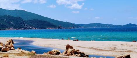 Nær stranden, solsenger og strandhåndklær